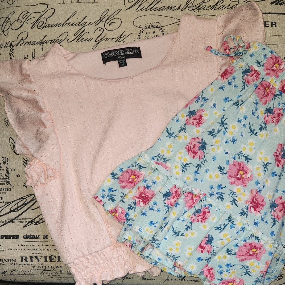Three Hearts Pink Top with Blue Floral Ruffle Accent